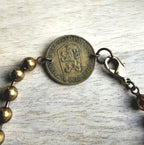 Gardener Coin Bracelet, Female Farmer, Antiqued Chunky Brass Ball Chain, Lobster Claw Clasp, Vintage Czechoslovakia 1 Koruna, Dates Vary