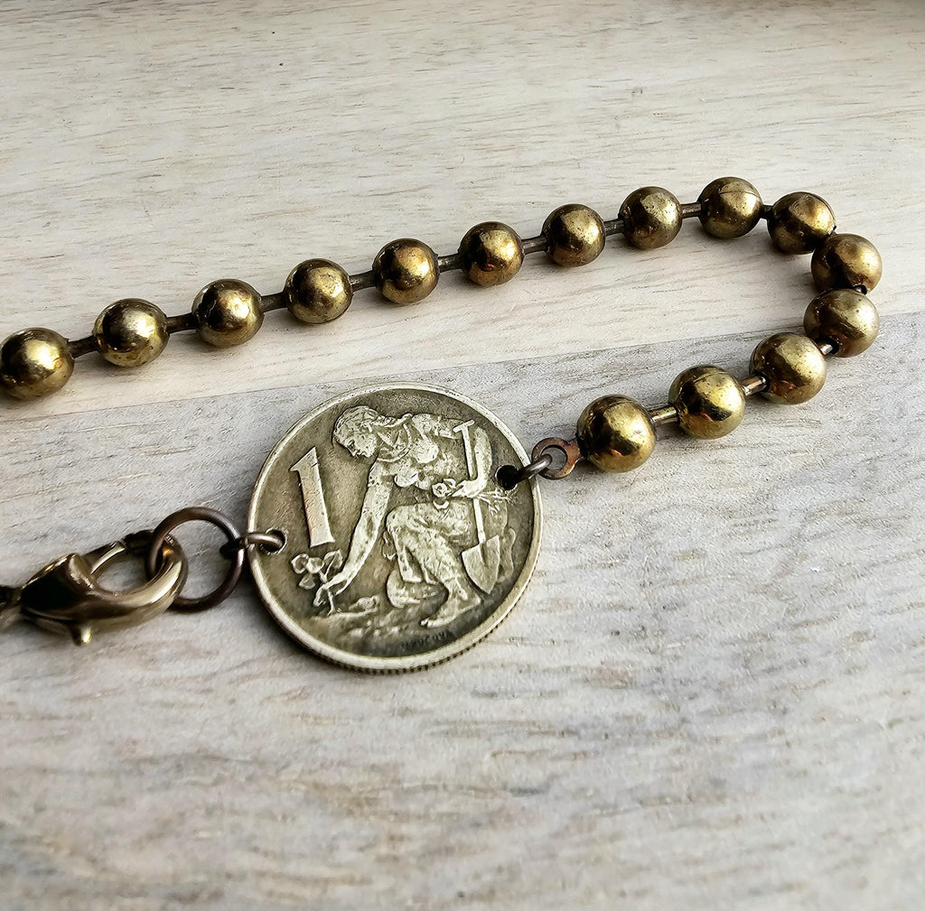 Gardener Coin Bracelet, Female Farmer, Antiqued Chunky Brass Ball Chain, Lobster Claw Clasp, Vintage Czechoslovakia 1 Koruna, Dates Vary