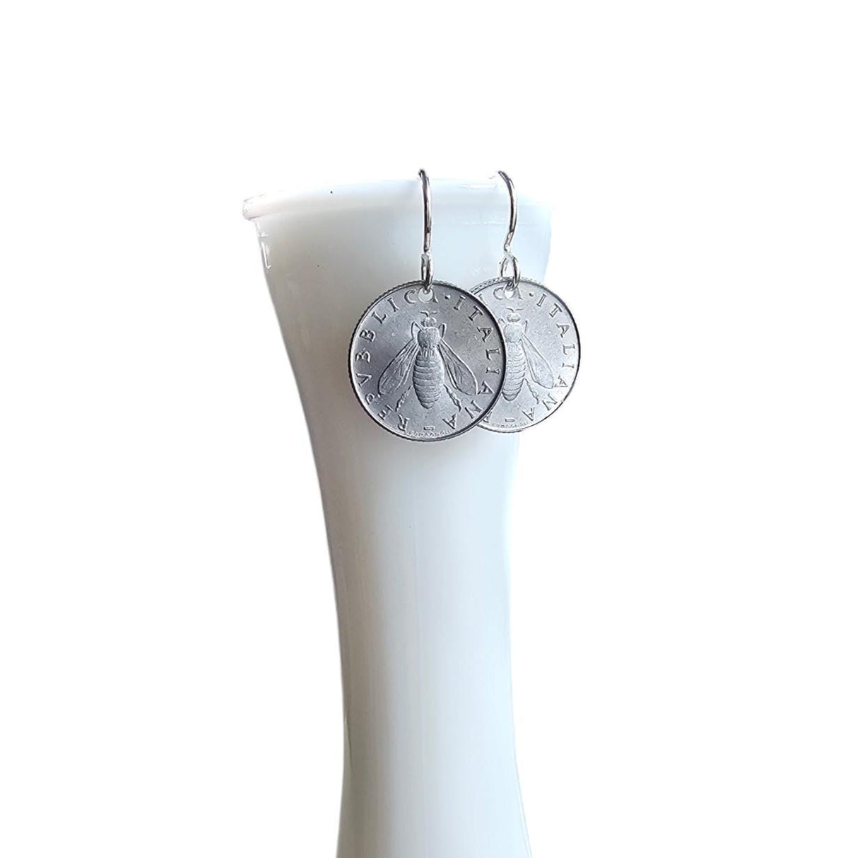 Vintage Italy Honey bee Coin Earrings, 2 Lire, Olive Branch .925 Sterling Silver Ear Wire, Light Aluminum, Handcrafted in USA E. Ria Designs