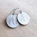 Vintage Italy Honey bee Coin Earrings, 2 Lire, Olive Branch .925 Sterling Silver Ear Wire, Light Aluminum, Handcrafted in USA E. Ria Designs