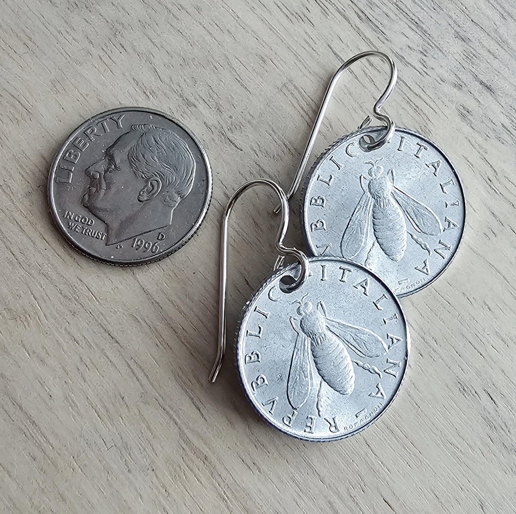 Vintage Italy Honey bee Coin Earrings, 2 Lire, Olive Branch .925 Sterling Silver Ear Wire, Light Aluminum, Handcrafted in USA E. Ria Designs