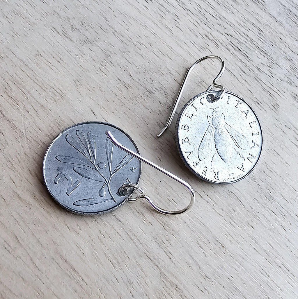Vintage Italy Honey bee Coin Earrings, 2 Lire, Olive Branch .925 Sterling Silver Ear Wire, Light Aluminum, Handcrafted in USA E. Ria Designs