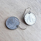 Vintage Italy Honey bee Coin Earrings, 2 Lire, Olive Branch .925 Sterling Silver Ear Wire, Light Aluminum, Handcrafted in USA E. Ria Designs