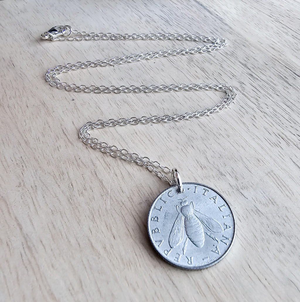 Italy Honey Bee Coin Necklace, 2 Lire Olive Branch 925 Sterling Silver Cable Chain, Aluminum, Crafted in USA E. Ria Designs Honeybee Jewelry