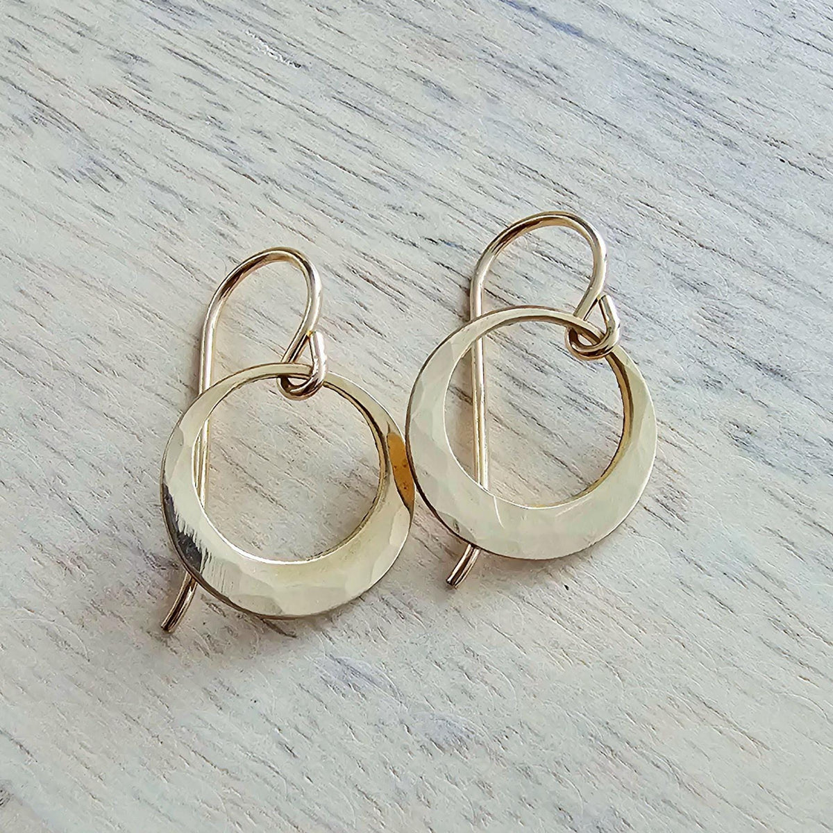 Little Hammered Gold Ring Earrings, 14K Gold Filled Artisan Handcrafted Hand Cut Off Center Circles, Everyday Jewelry, E. Ria Designs