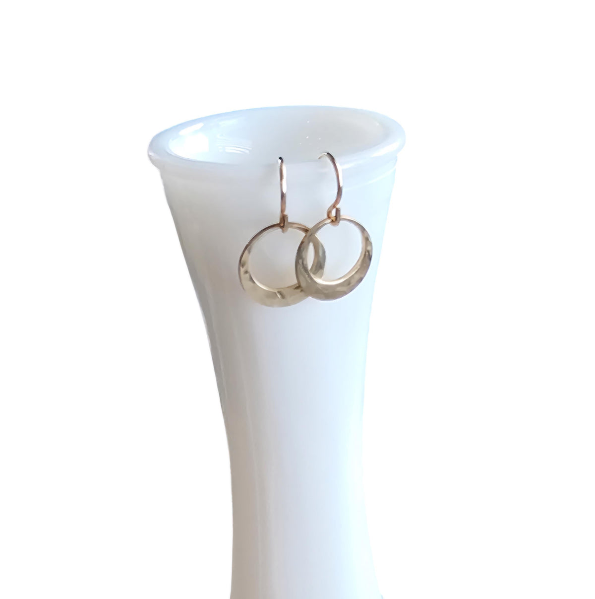 Little Hammered Gold Ring Earrings, 14K Gold Filled Artisan Handcrafted Hand Cut Off Center Circles, Everyday Jewelry, E. Ria Designs