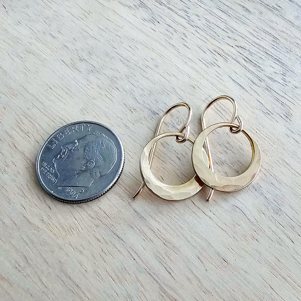 Little Hammered Gold Ring Earrings, 14K Gold Filled Artisan Handcrafted Hand Cut Off Center Circles, Everyday Jewelry, E. Ria Designs