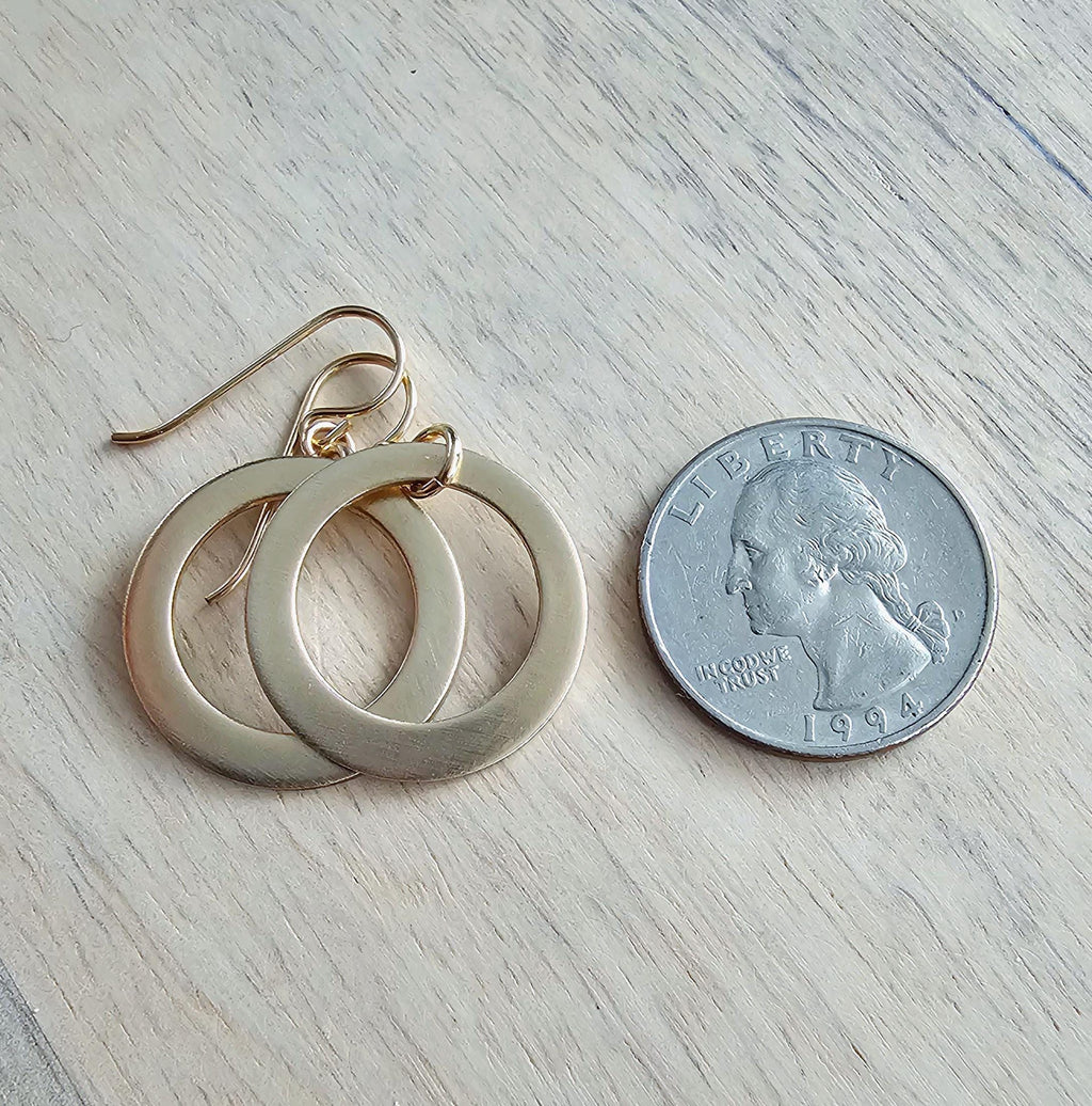 Brushed Gold Hoop Earrings, 14K Gold Filled Off-Center French Ear Wire, Handcrafted by E. Ria Designs, Gift Boxed, 7/8", Last Minute Gift