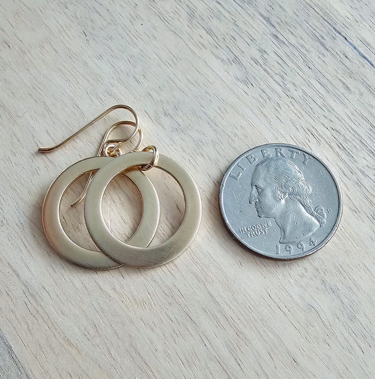 Brushed Gold Hoop Earrings, 14K Gold Filled Off-Center French Ear Wire, Handcrafted by E. Ria Designs, Gift Boxed, 7/8", Last Minute Gift