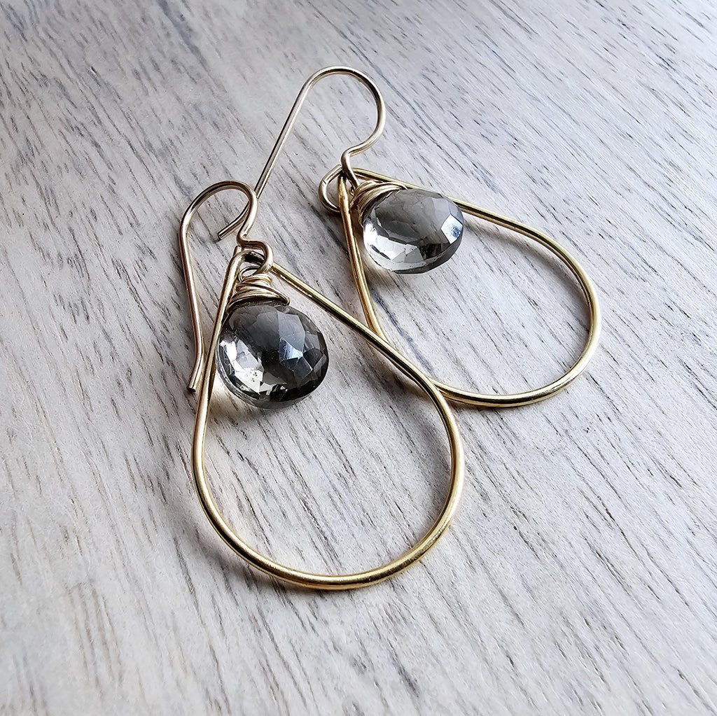 Wire Wrapped Gray Quartz and 14K Gold Filled Teardrop Earrings, Gift Boxed, Made in USA, E. Ria Designs, Sparkly Jewelry