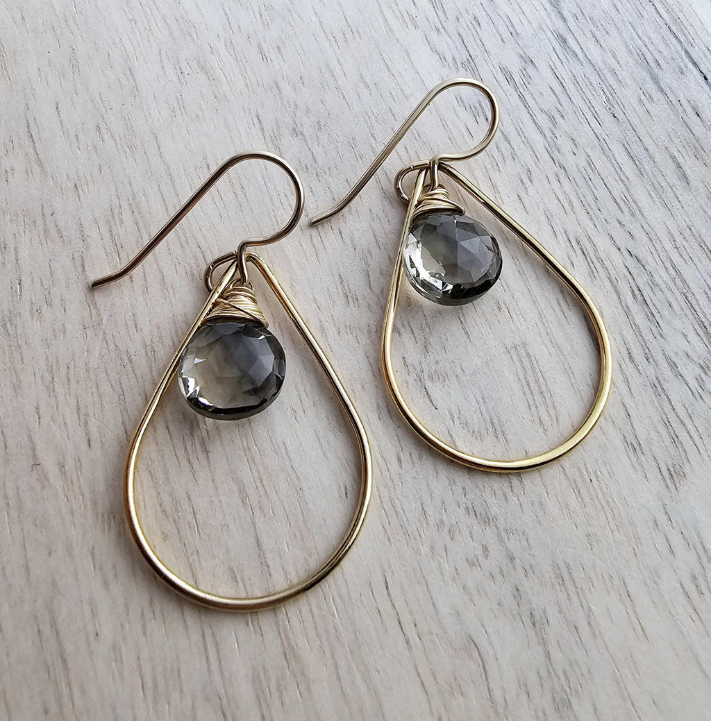 Wire Wrapped Gray Quartz and 14K Gold Filled Teardrop Earrings, Gift Boxed, Made in USA, E. Ria Designs, Sparkly Jewelry