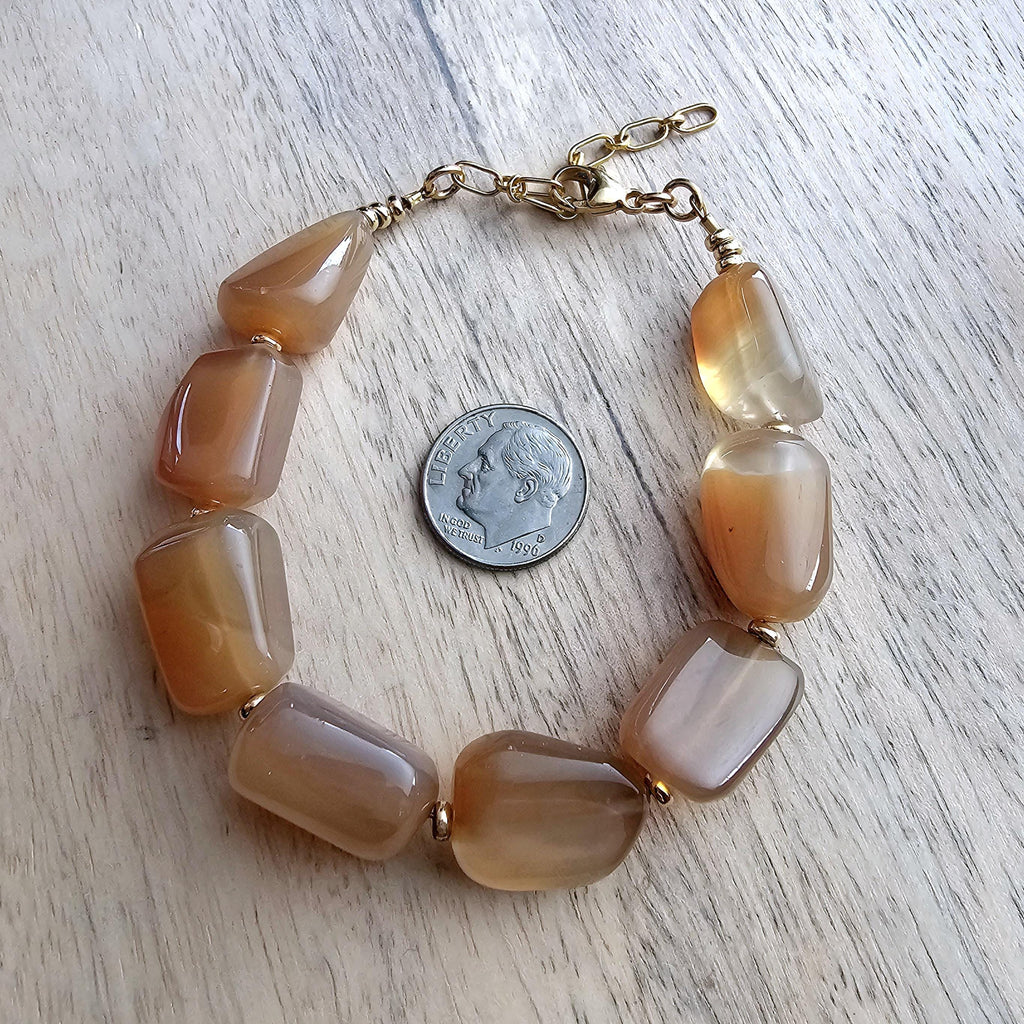 Muted Orange Smooth Agate Nugget Bracelet, 14K Gold Filled Chain, Clasp, Beads, Made in USA, Gift Boxed, E. Ria Designs