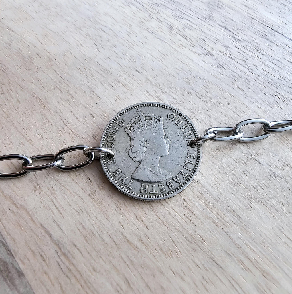 Vintage 1955 Cyprus Coin Bracelet, 50 Mils, Fern Leaves, Stainless Steel Cable Chain, Gift Boxed, Handcrafted in USA E. Ria Designs