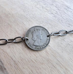 Vintage 1955 Cyprus Coin Bracelet, 50 Mils, Fern Leaves, Stainless Steel Cable Chain, Gift Boxed, Handcrafted in USA E. Ria Designs