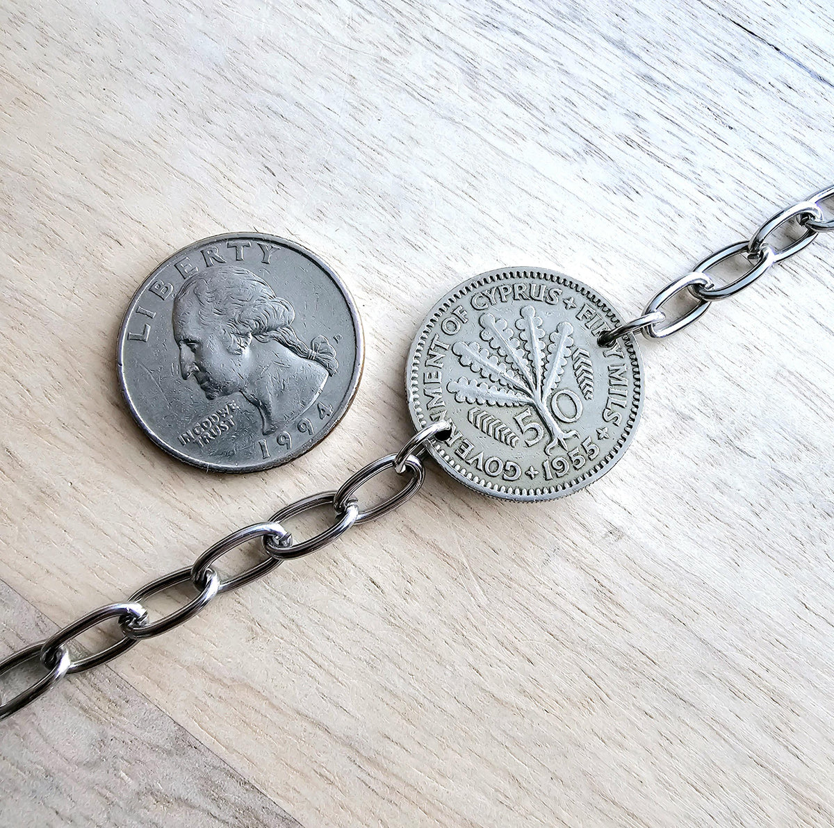 Vintage 1955 Cyprus Coin Bracelet, 50 Mils, Fern Leaves, Stainless Steel Cable Chain, Gift Boxed, Handcrafted in USA E. Ria Designs