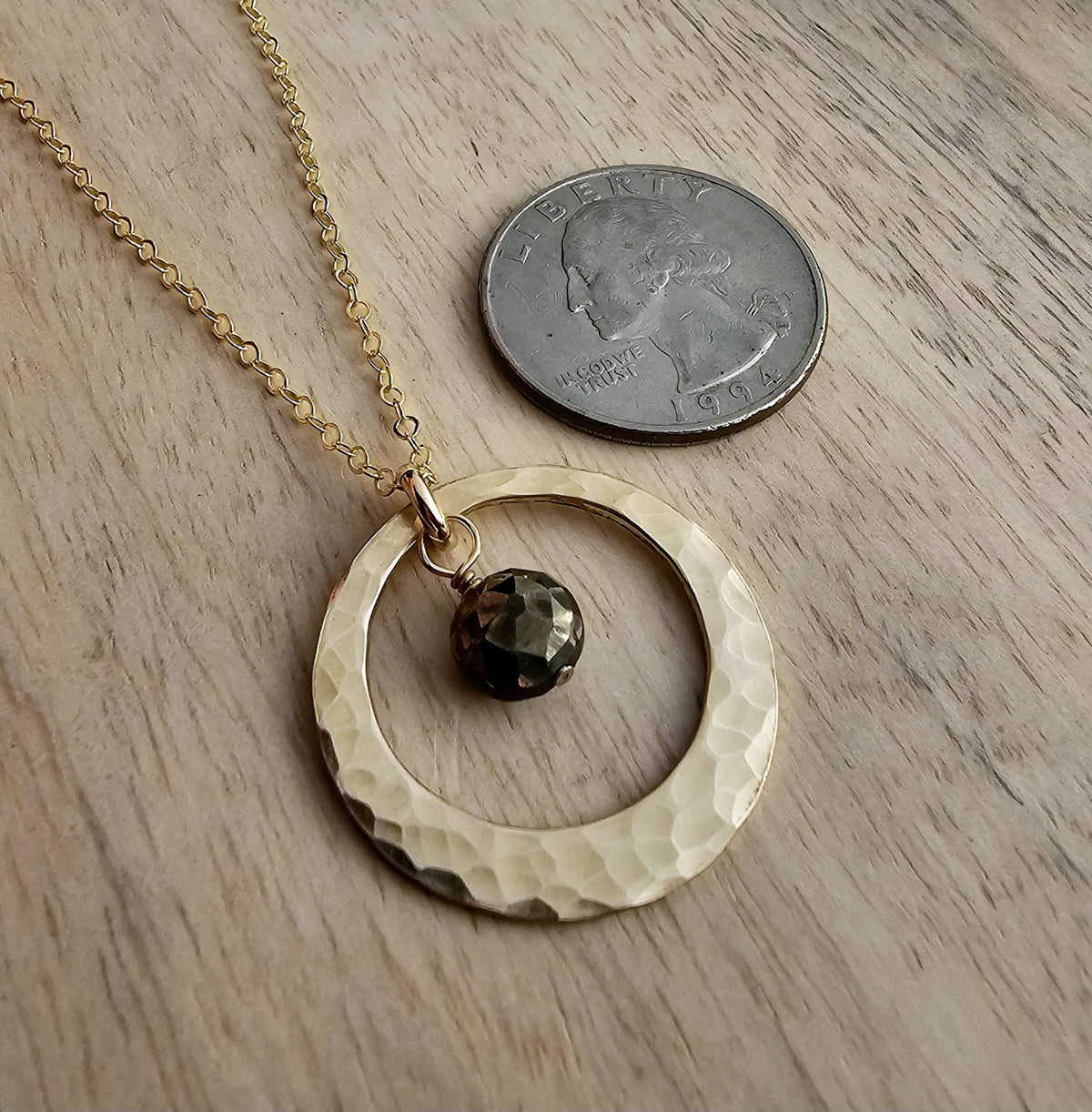 Hammered Gold Ring Necklace, Wire Wrapped Faceted Pyrite Bead, 14K Gold Filled, Gift Boxed, Made in USA, E. Ria Designs, Handmade