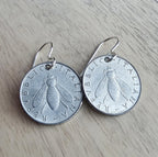 Vintage Italy Honey bee Coin Earrings, 2 Lire, Olive Branch .925 Sterling Silver Ear Wire, Light Aluminum, Handcrafted in USA E. Ria Designs