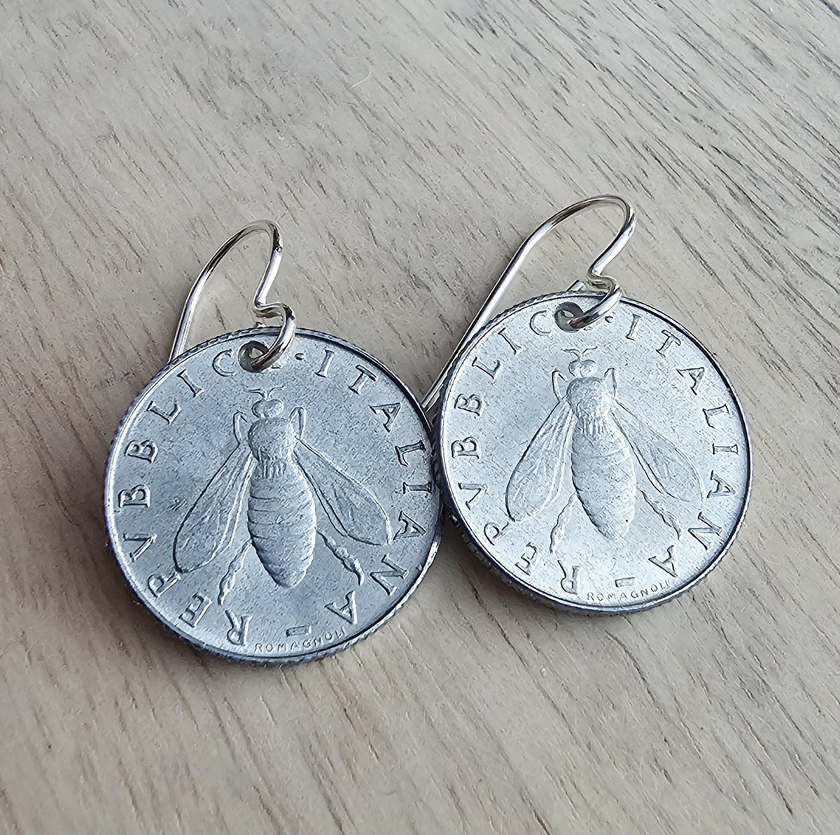 Vintage Italy Honey bee Coin Earrings, 2 Lire, Olive Branch .925 Sterling Silver Ear Wire, Light Aluminum, Handcrafted in USA E. Ria Designs