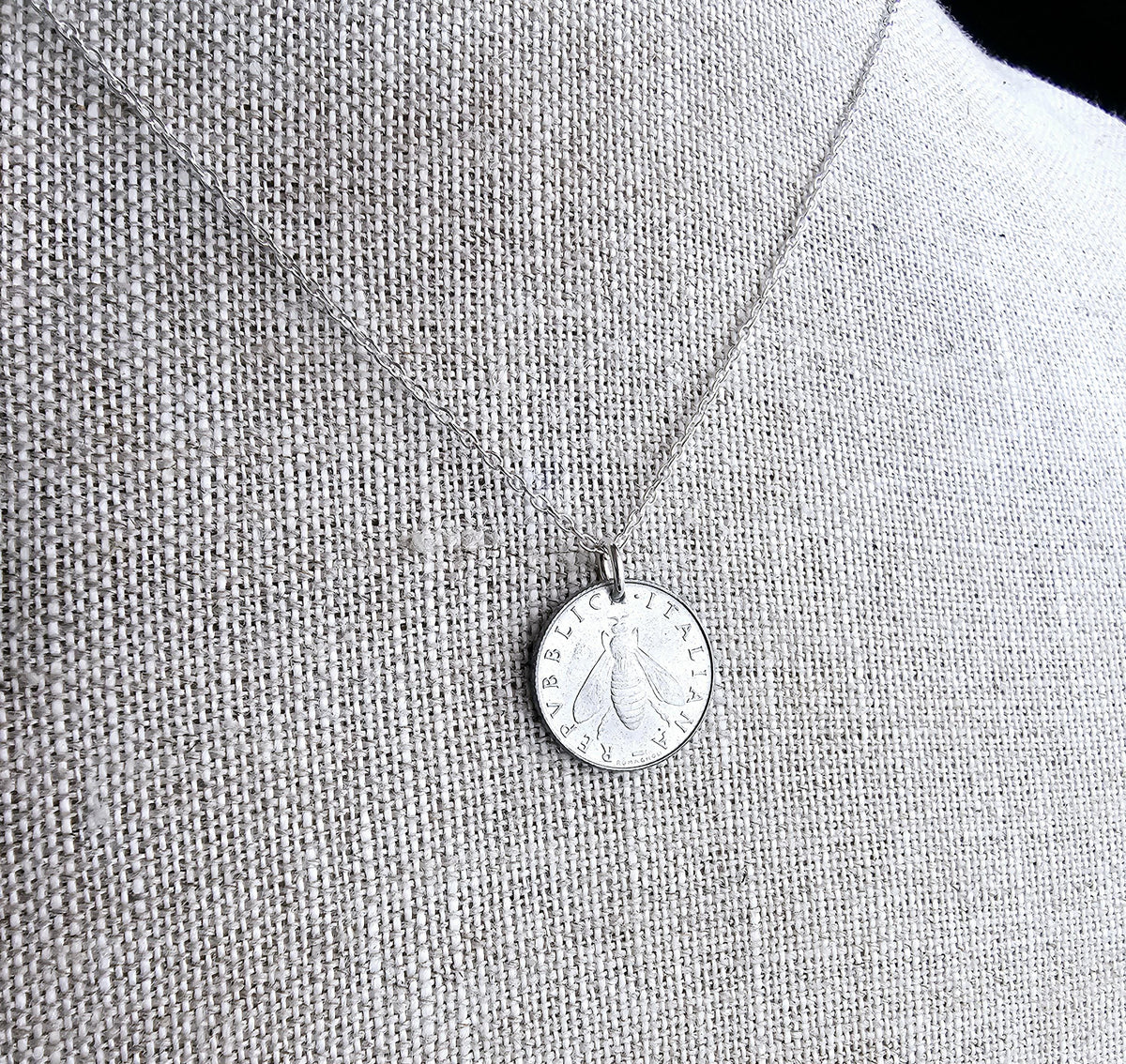 Italy Honey Bee Coin Necklace, 2 Lire Olive Branch 925 Sterling Silver Cable Chain, Aluminum, Crafted in USA E. Ria Designs Honeybee Jewelry