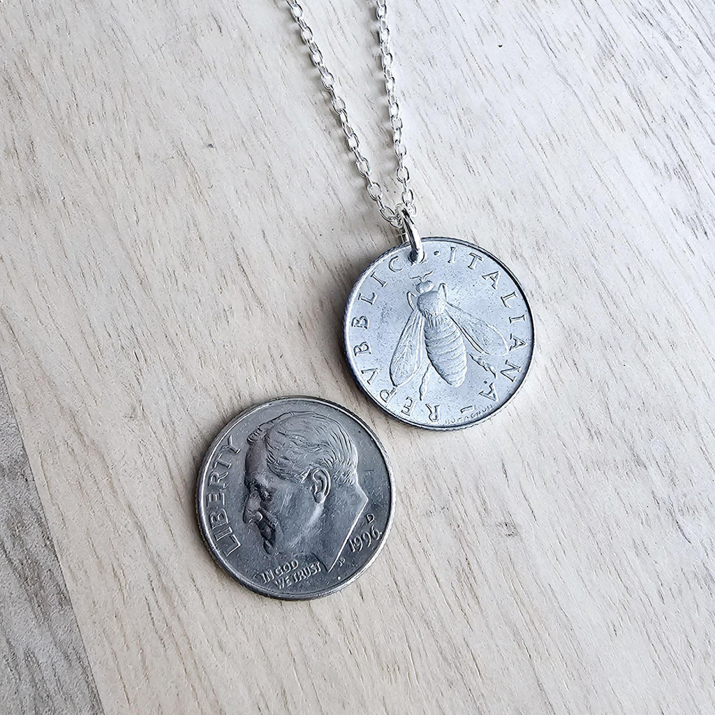 Italy Honey Bee Coin Necklace, 2 Lire Olive Branch 925 Sterling Silver Cable Chain, Aluminum, Crafted in USA E. Ria Designs Honeybee Jewelry