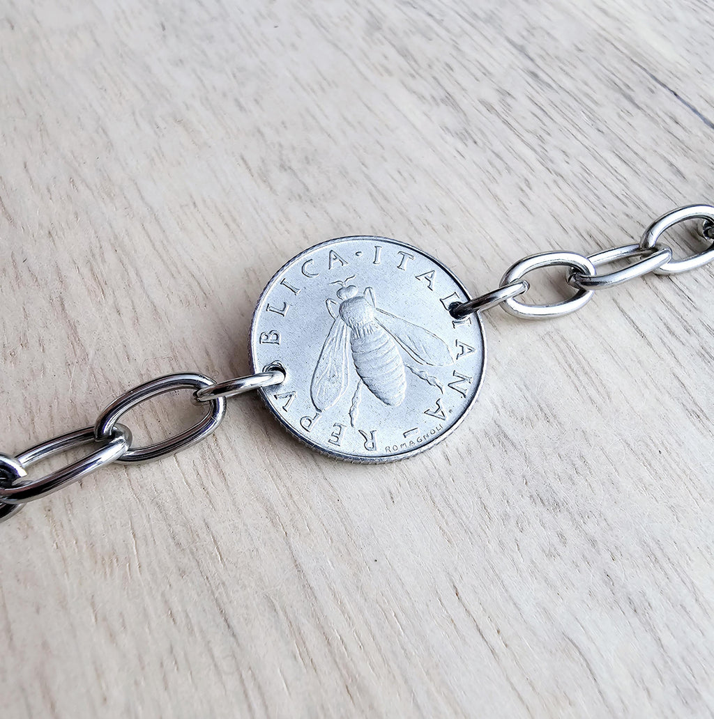 Vintage Italy Honey Bee Coin Bracelet, Stainless Steel Chain, Handcrafted