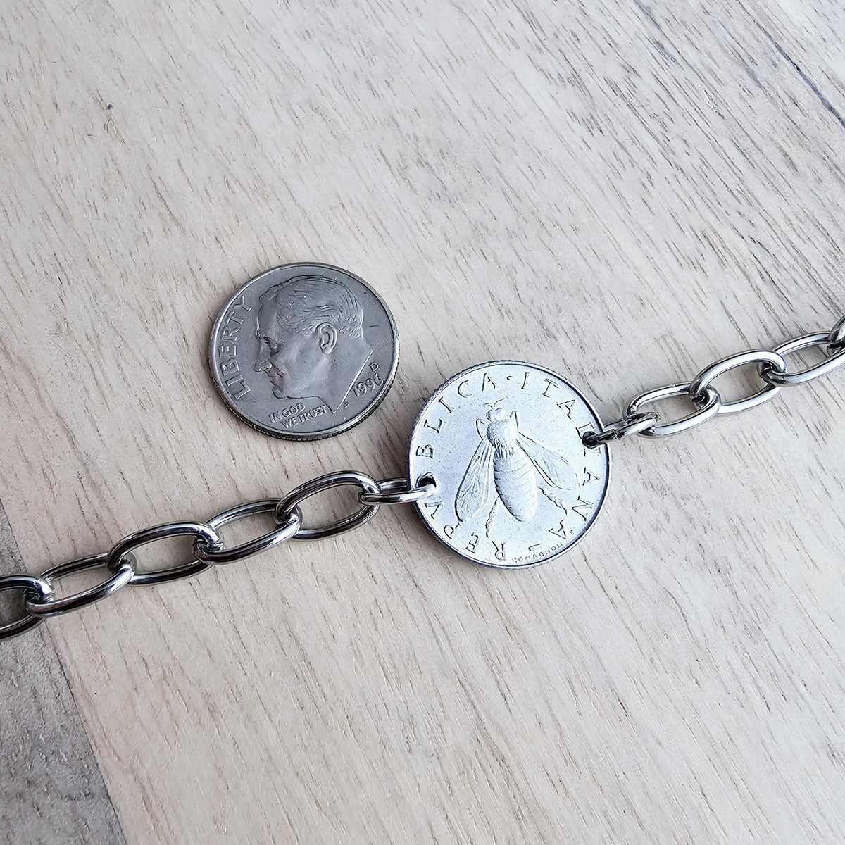 Vintage Italy Honey Bee Coin Bracelet, Stainless Steel Chain, Handcrafted