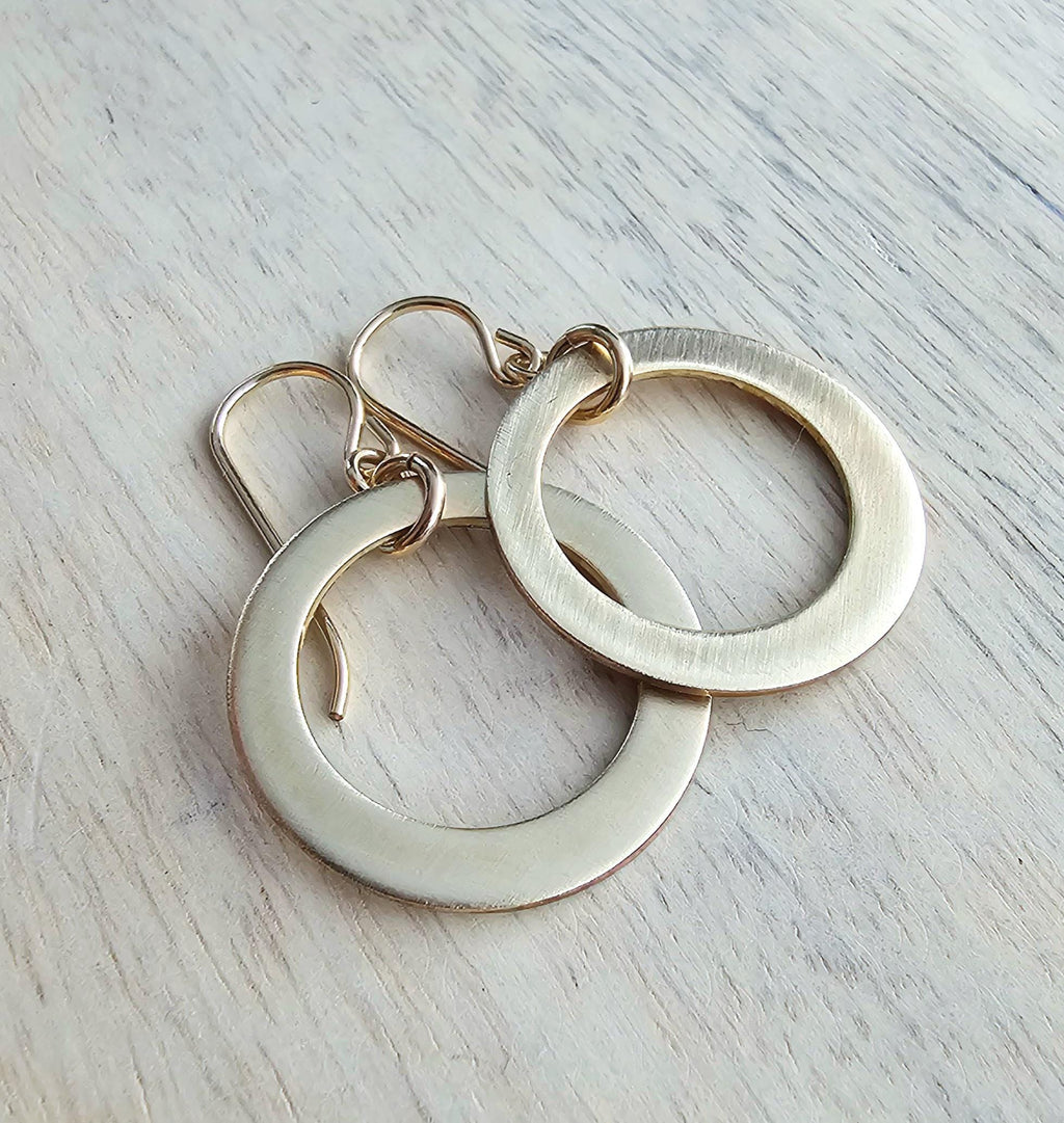 Brushed Gold Hoop Earrings, 14K Gold Filled Off-Center French Ear Wire, Handcrafted by E. Ria Designs, Gift Boxed, 7/8", Last Minute Gift