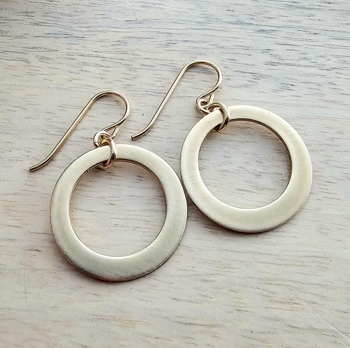 Brushed Gold Hoop Earrings, 14K Gold Filled Off-Center French Ear Wire, Handcrafted by E. Ria Designs, Gift Boxed, 7/8", Last Minute Gift