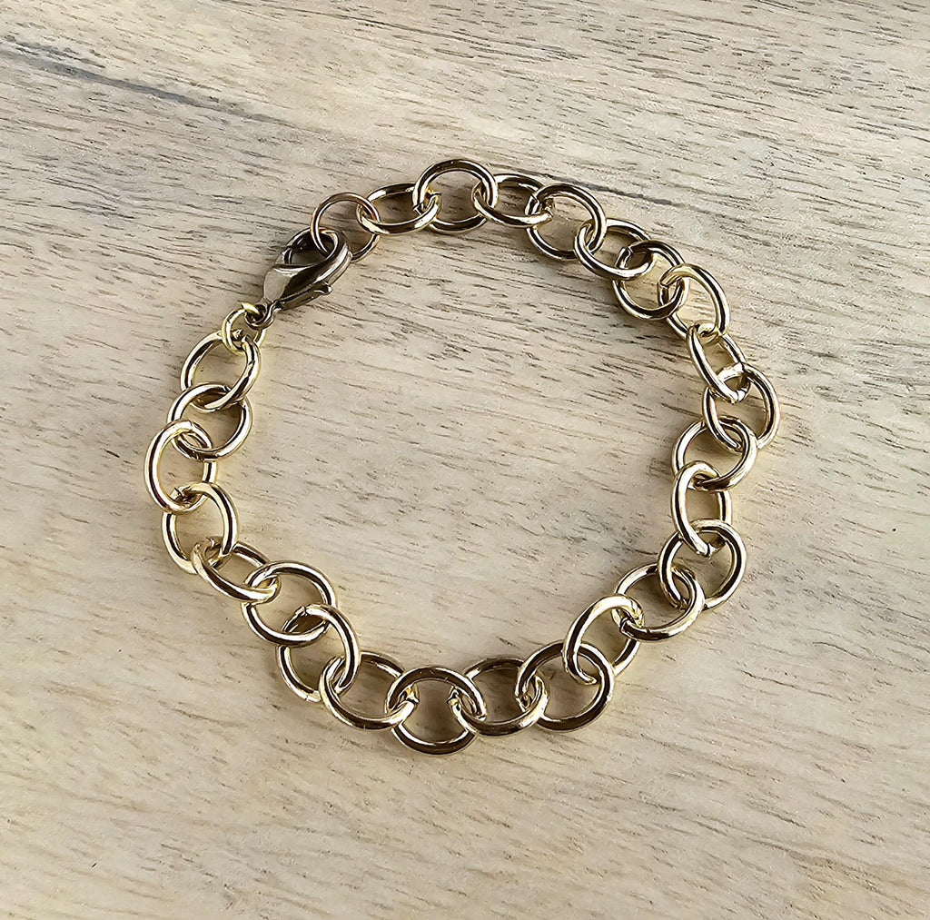 Yellow Brass Oval Bracelet, Solid Round Wire Links Adjustable Gold Charm Bracelet Gift Box Jewelry Made in USA Handcrafted by E. Ria Designs