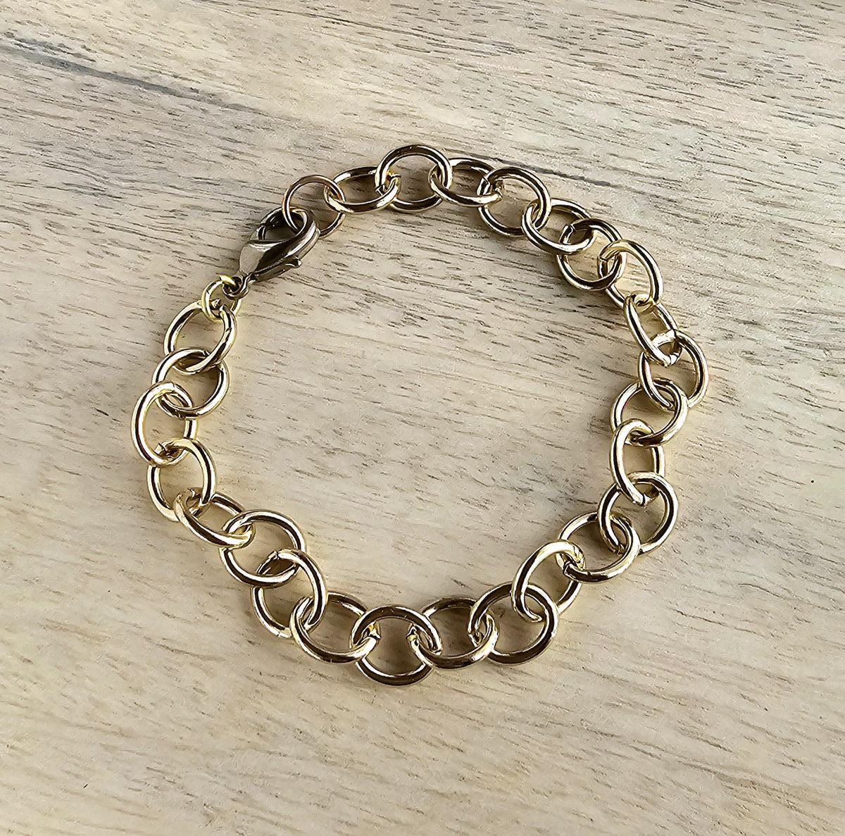 Yellow Brass Oval Bracelet, Solid Round Wire Links Adjustable Gold Charm Bracelet Gift Box Jewelry Made in USA Handcrafted by E. Ria Designs