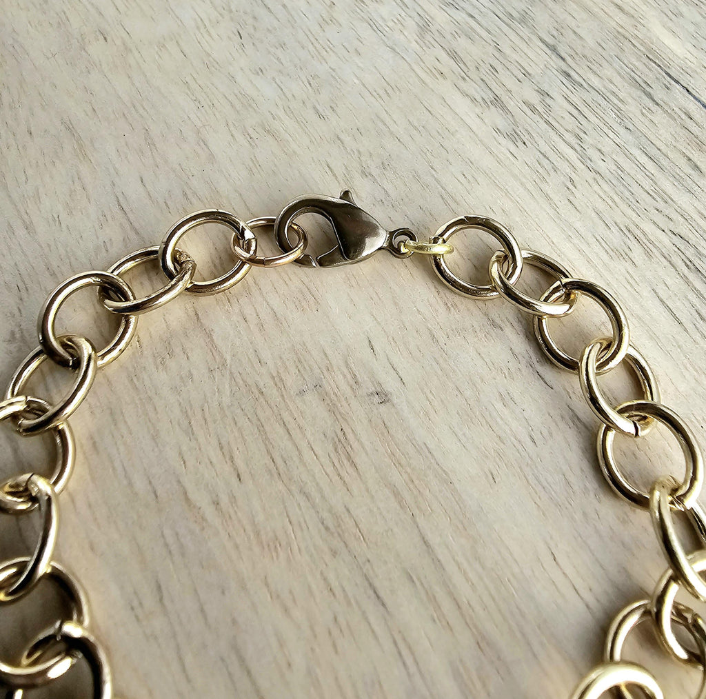 Yellow Brass Oval Bracelet, Solid Round Wire Links Adjustable Gold Charm Bracelet Gift Box Jewelry Made in USA Handcrafted by E. Ria Designs
