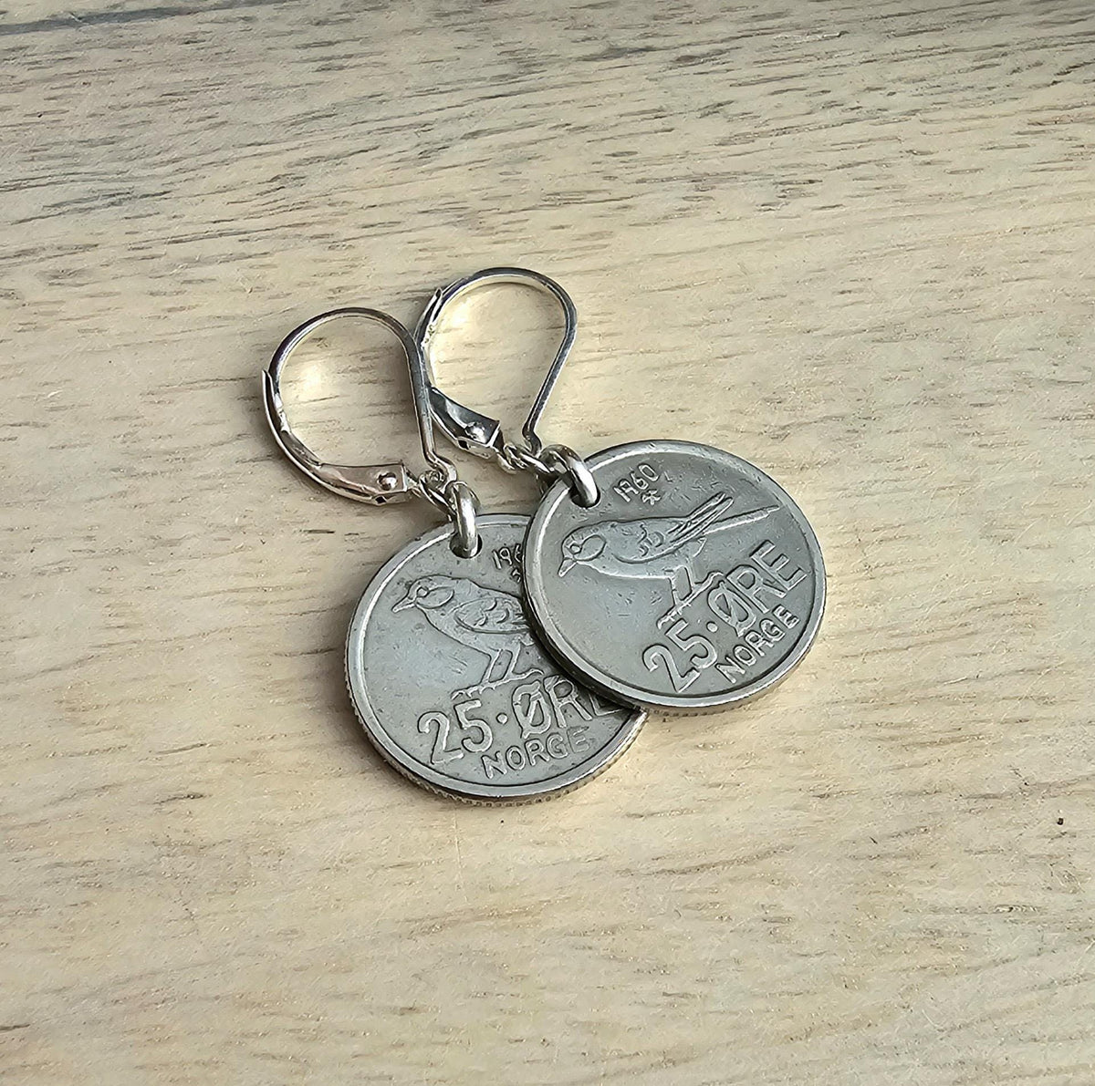 Vintage Norway Bird Coin Earrings, .925 Sterling Silver Lever Back Earrings, 25 Ore, Handcrafted in USA, E. Ria Designs, Gift Box