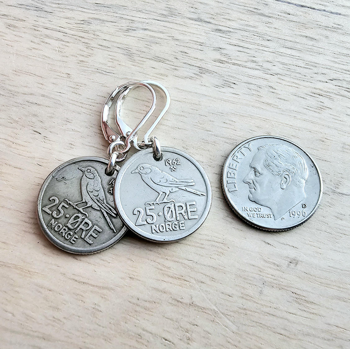 Vintage Norway Bird Coin Earrings, .925 Sterling Silver Lever Back Earrings, 25 Ore, Handcrafted in USA, E. Ria Designs, Gift Box