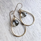 Wire Wrapped Gray Quartz and 14K Gold Filled Teardrop Earrings, Gift Boxed, Made in USA, E. Ria Designs, Sparkly Jewelry