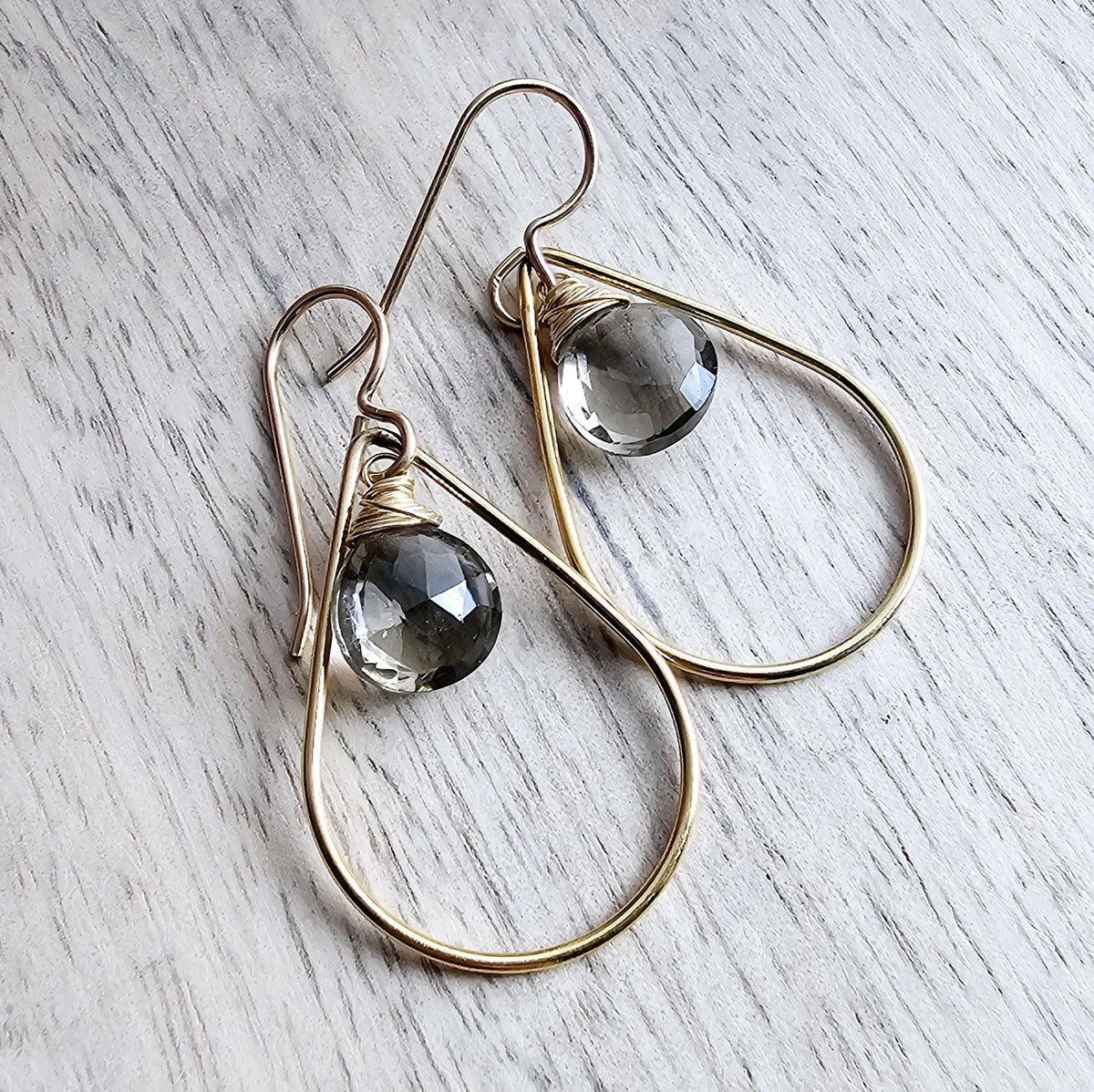 Wire Wrapped Gray Quartz and 14K Gold Filled Teardrop Earrings, Gift Boxed, Made in USA, E. Ria Designs, Sparkly Jewelry