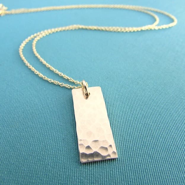 Hammered Gold Vertical Bar Charm Necklace, 14K Gold Filled Pendant & Chain, Handcrafted in USA by E. Ria Designs, Gift Boxed