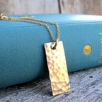 Hammered Gold Vertical Bar Charm Necklace, 14K Gold Filled Pendant & Chain, Handcrafted in USA by E. Ria Designs, Gift Boxed