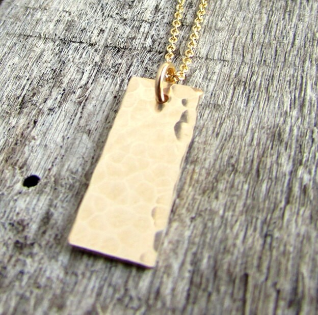 Hammered Gold Vertical Bar Charm Necklace, 14K Gold Filled Pendant & Chain, Handcrafted in USA by E. Ria Designs, Gift Boxed
