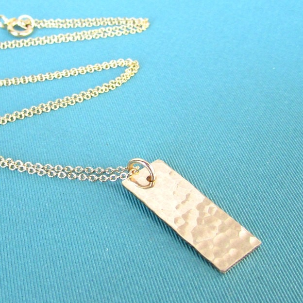 Hammered Gold Vertical Bar Charm Necklace, 14K Gold Filled Pendant & Chain, Handcrafted in USA by E. Ria Designs, Gift Boxed
