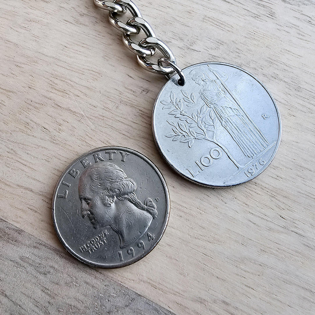 1976 Italy Coin Keychain, 100 Lira, Republica Italiana, Birthday Gift, Handcrafted in USA by E. Ria Designs