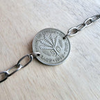 Vintage 1955 Cyprus Coin Bracelet, 50 Mils, Fern Leaves, Stainless Steel Cable Chain, Gift Boxed, Handcrafted in USA E. Ria Designs