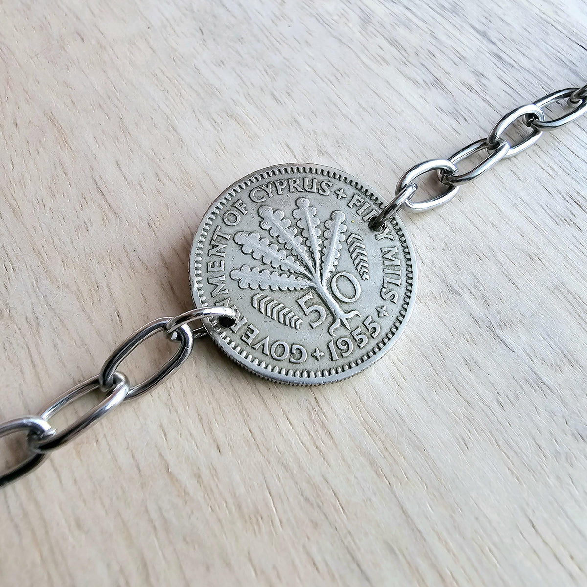Vintage 1955 Cyprus Coin Bracelet, 50 Mils, Fern Leaves, Stainless Steel Cable Chain, Gift Boxed, Handcrafted in USA E. Ria Designs