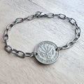Vintage 1955 Cyprus Coin Bracelet, 50 Mils, Fern Leaves, Stainless Steel Cable Chain, Gift Boxed, Handcrafted in USA E. Ria Designs