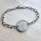 Vintage 1955 Cyprus Coin Bracelet, 50 Mils, Fern Leaves, Stainless Steel Cable Chain, Gift Boxed, Handcrafted in USA E. Ria Designs