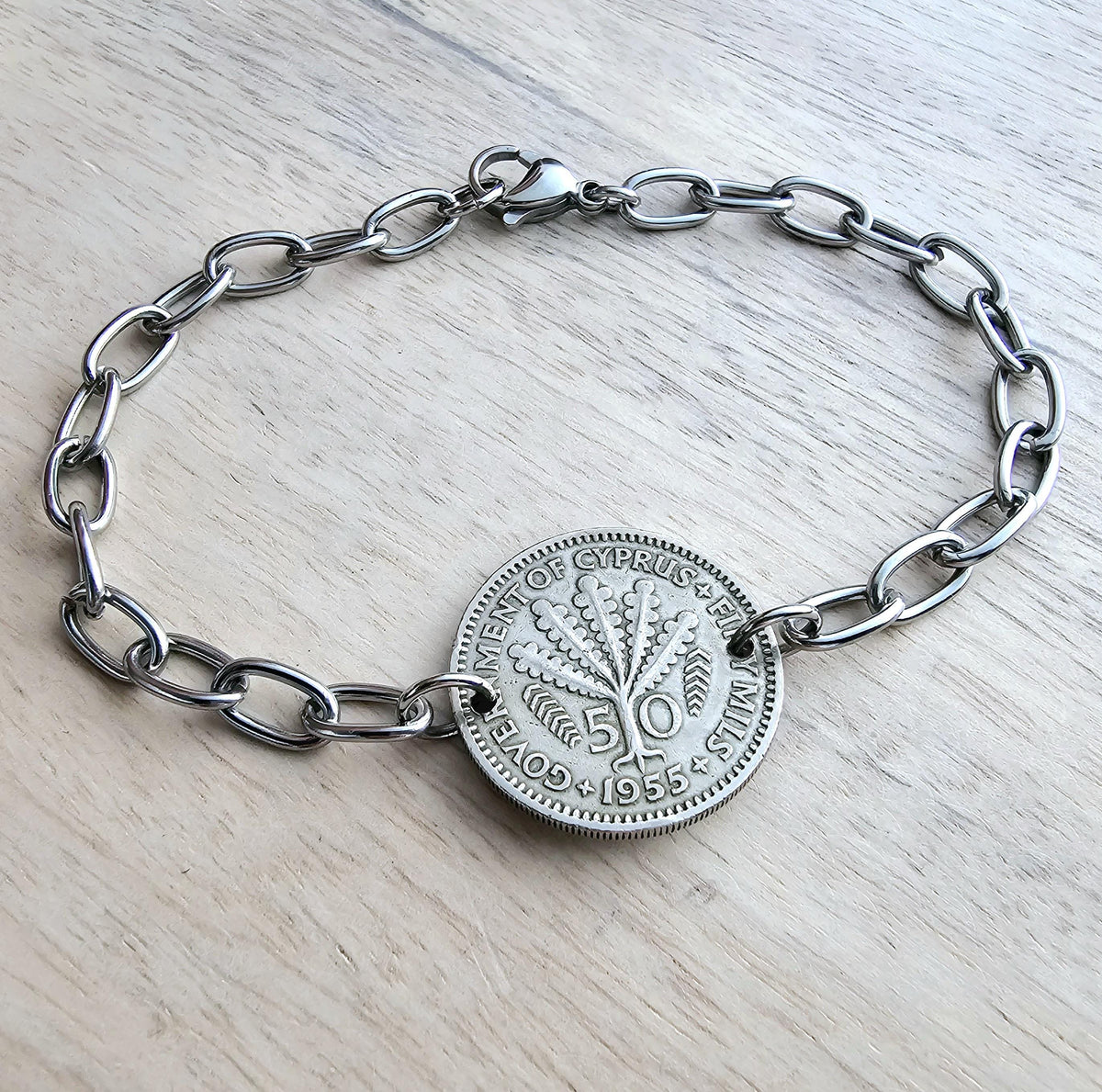 Vintage 1955 Cyprus Coin Bracelet, 50 Mils, Fern Leaves, Stainless Steel Cable Chain, Gift Boxed, Handcrafted in USA E. Ria Designs