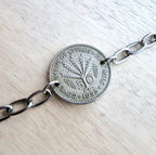 Vintage 1955 Cyprus Coin Bracelet, 50 Mils, Fern Leaves, Stainless Steel Cable Chain, Gift Boxed, Handcrafted in USA E. Ria Designs