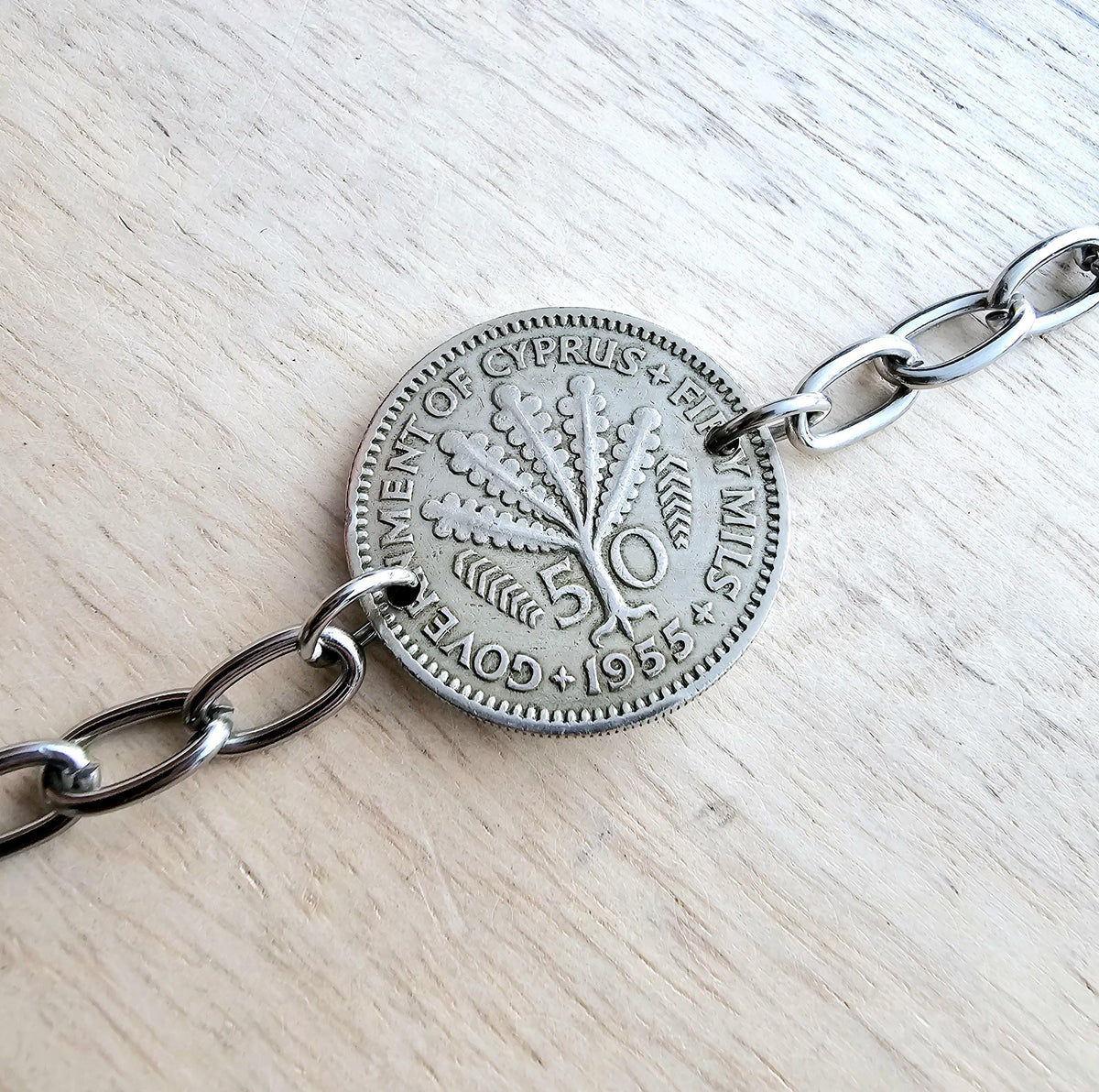 Vintage 1955 Cyprus Coin Bracelet, 50 Mils, Fern Leaves, Stainless Steel Cable Chain, Gift Boxed, Handcrafted in USA E. Ria Designs