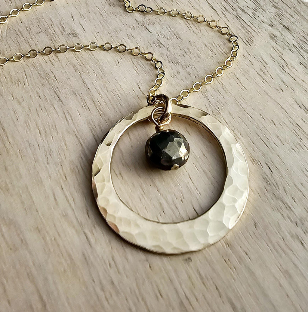 Hammered Gold Ring Necklace, Wire Wrapped Faceted Pyrite Bead, 14K Gold Filled, Gift Boxed, Made in USA, E. Ria Designs, Handmade