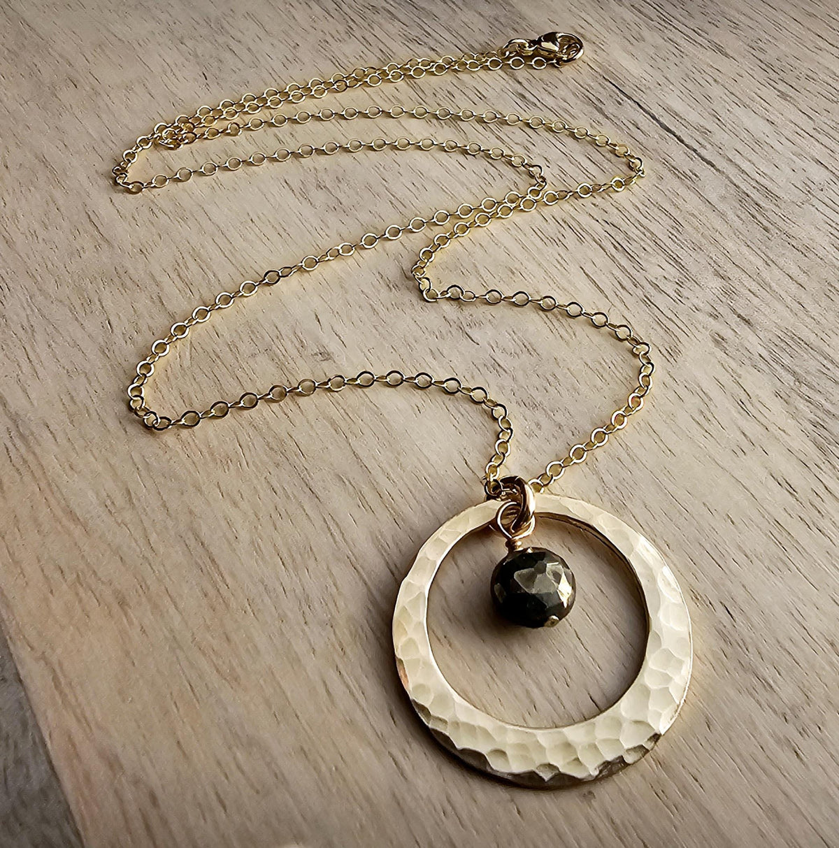 Hammered Gold Ring Necklace, Wire Wrapped Faceted Pyrite Bead, 14K Gold Filled, Gift Boxed, Made in USA, E. Ria Designs, Handmade