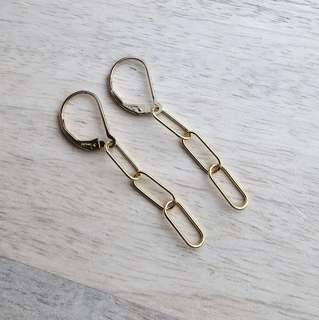 Gold Paperclip Earrings, 14K Gold Filled Oval Link Cable Chain, Lever Backs, Handmade in USA, Gift Boxed, E. Ria Designs, Everyday Earrings